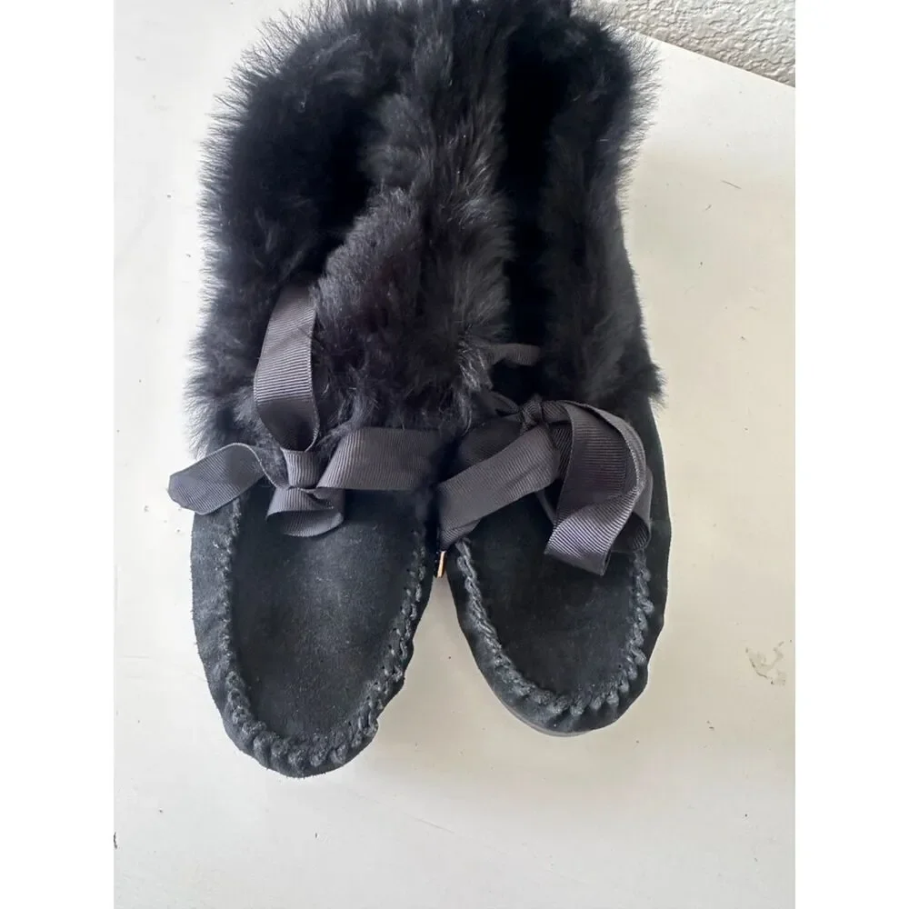Tory Burch Aberdeen Shearling Suede Slippers Black Size 9